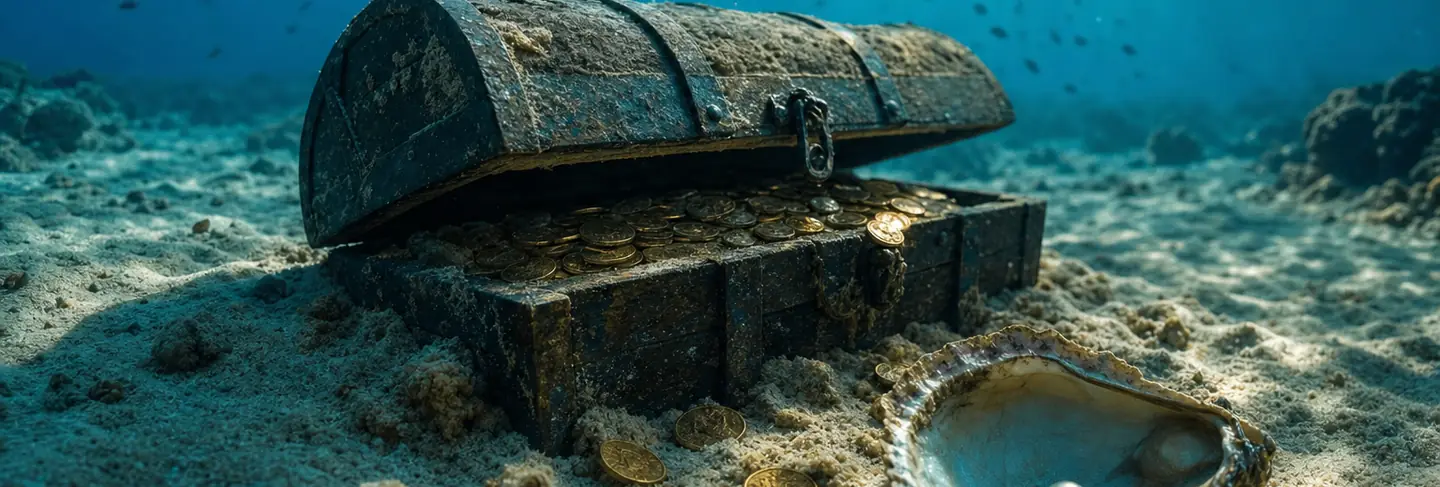 A wooden treasure chest spilling gold coins on a sunlit seabed, an open oyster with a pearl in the foreground