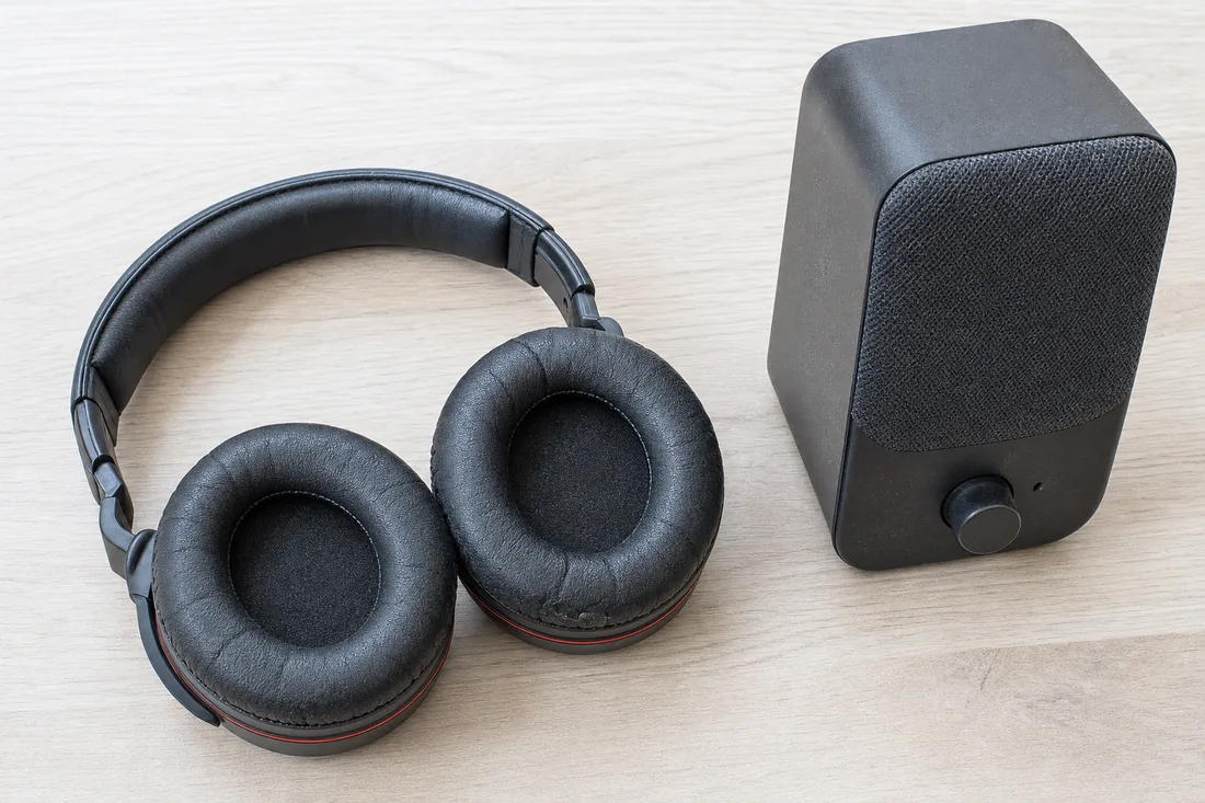 Over-ear headphones lying beside a small desktop speaker on a pale desk