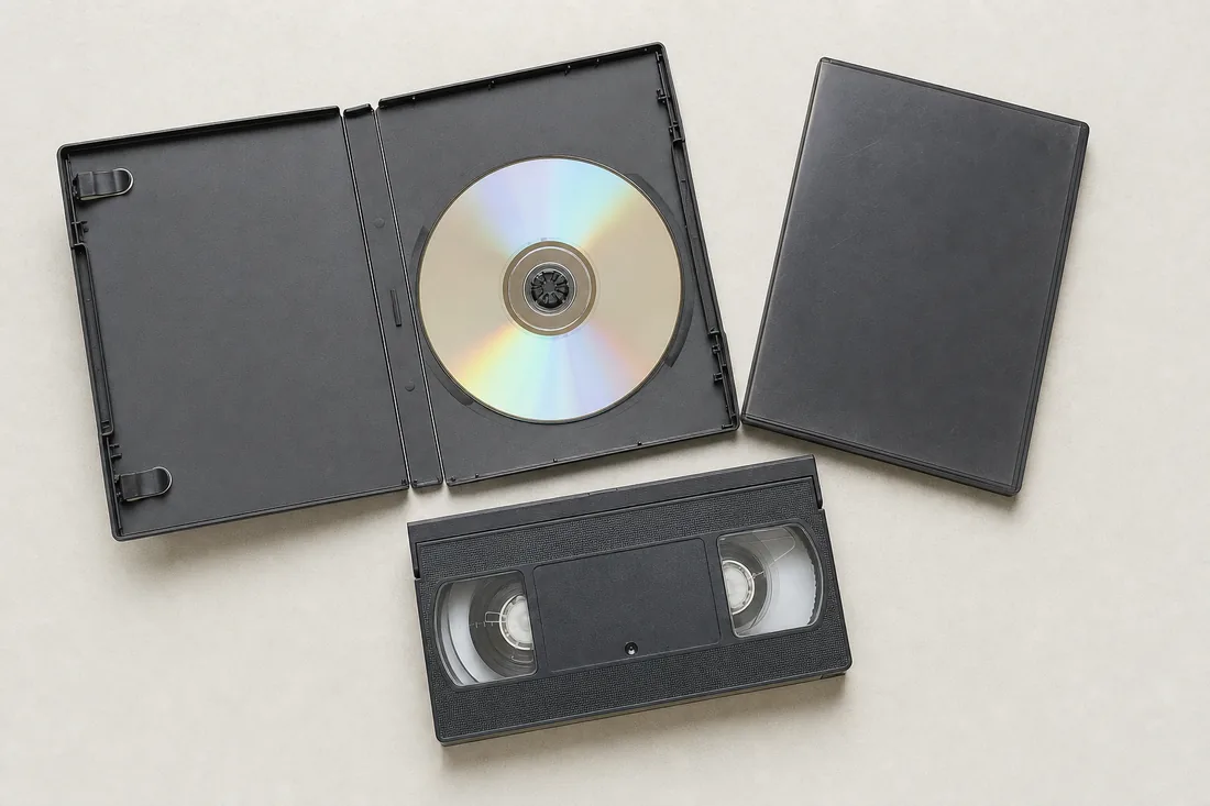 An open case with a silver disc, a slim case and a videotape cassette side by side