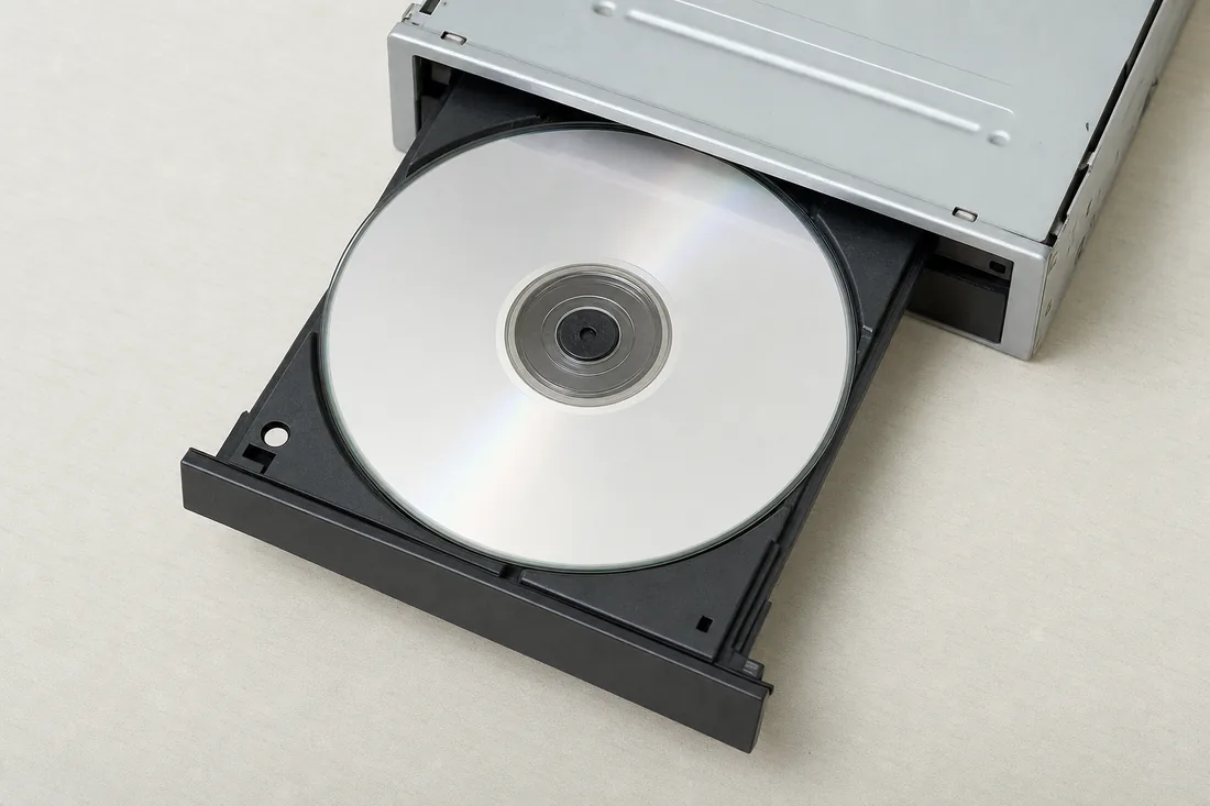 An optical drive tray extended with a plain silver disc resting in it