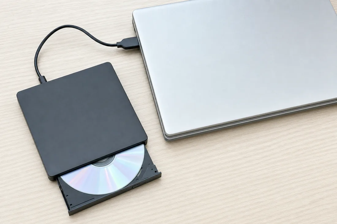 A small external optical drive connected by cable to a closed laptop