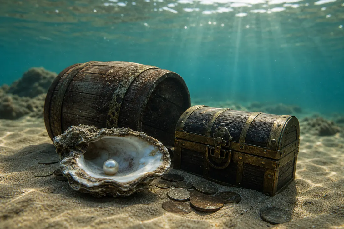 An open oyster with a pearl beside a weathered barrel and a small chest on rippled underwater sand