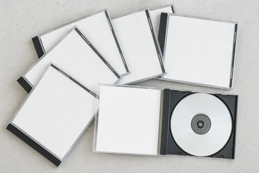Six unlabelled CD jewel cases fanned out, one open showing a plain silver disc