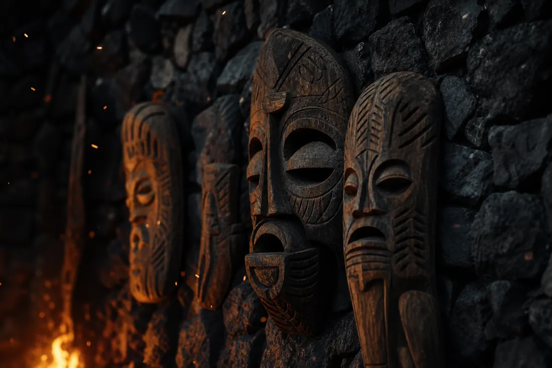 Carved wooden masks on dark volcanic stone with embers drifting in firelight
