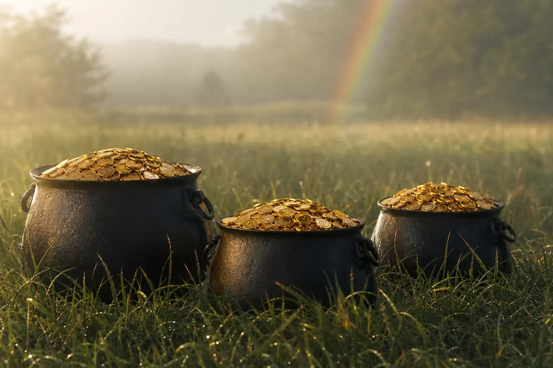 Iron pots filled with gold coins standing in dewy meadow grass