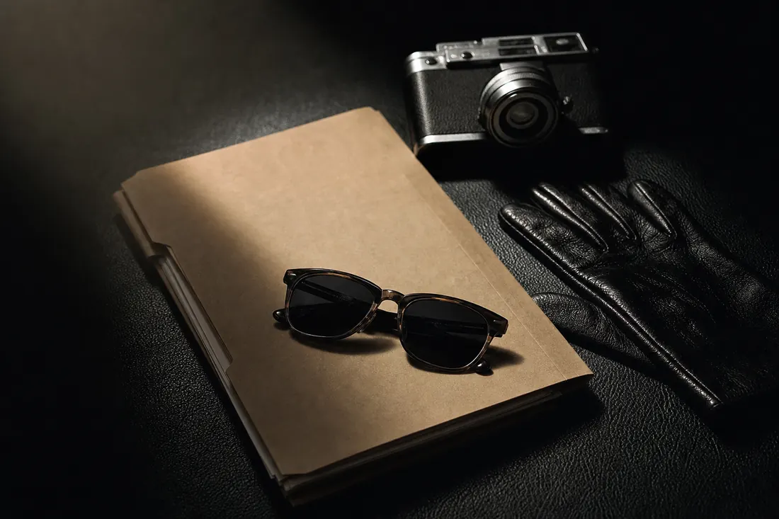 A spy's desk: plain dossier folder, dark sunglasses, compact camera and black gloves