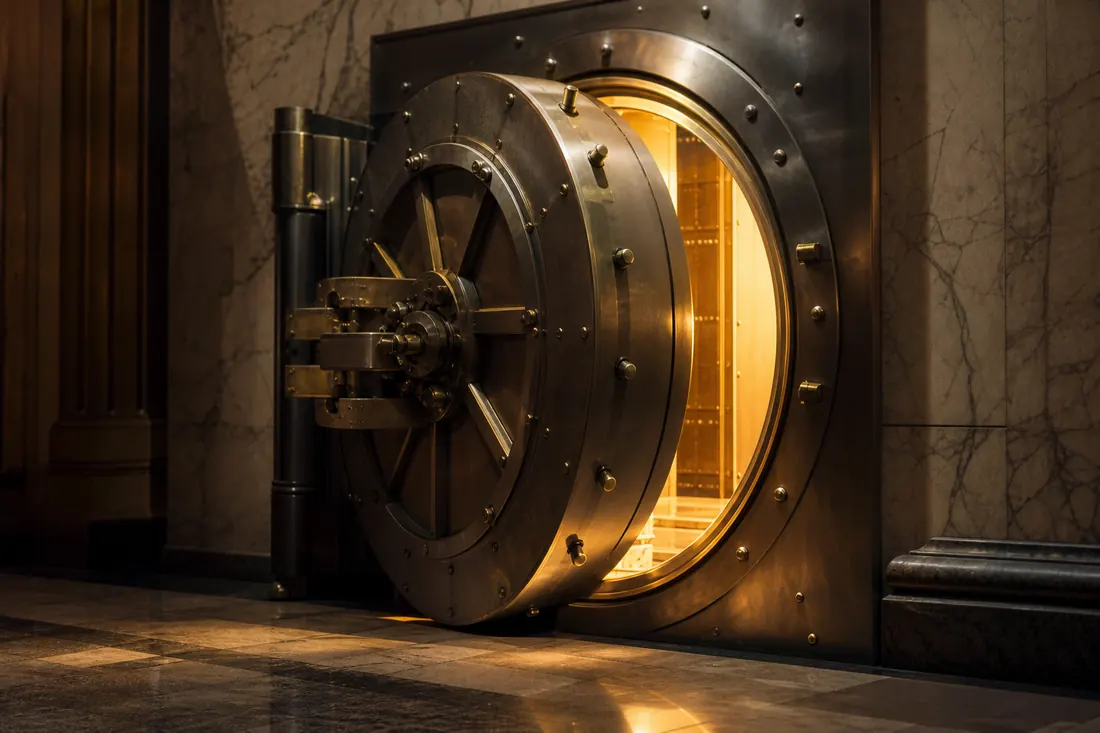A circular steel bank vault door standing ajar with warm light spilling through