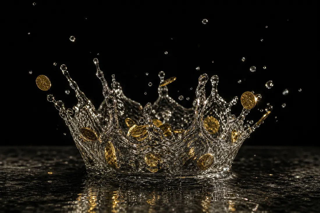 A splash of clear water frozen mid-air with gold coins caught inside the droplets