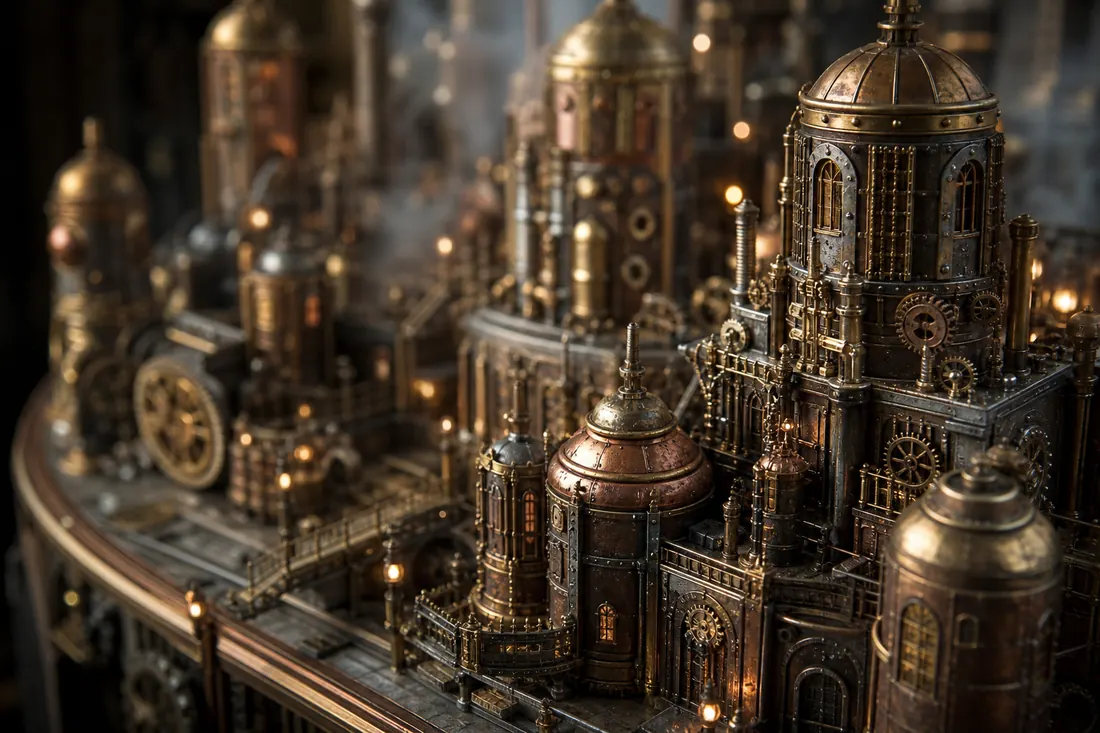A brass-and-copper city model with exposed gears and small glowing lamps