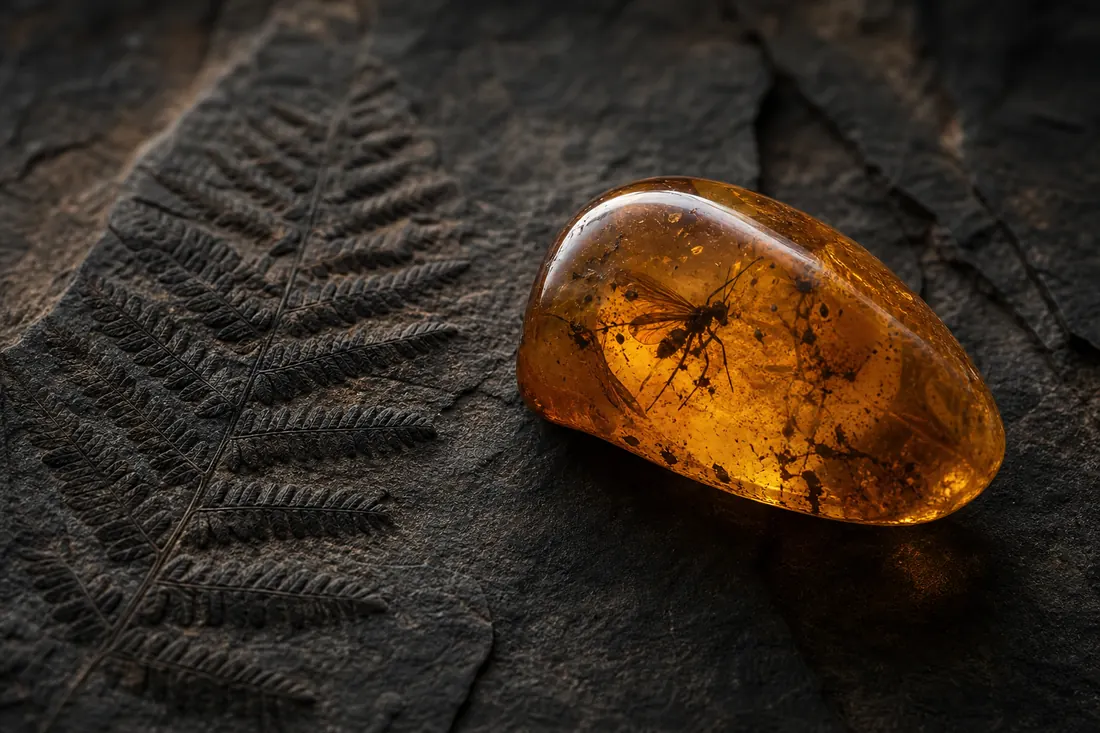 A polished piece of amber with a preserved insect, on dark slate beside a fern fossil