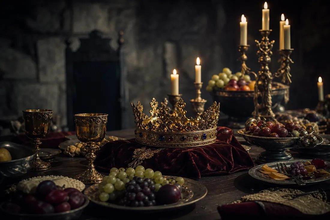 A candlelit banquet table with golden goblets and a jewelled crown as centrepiece