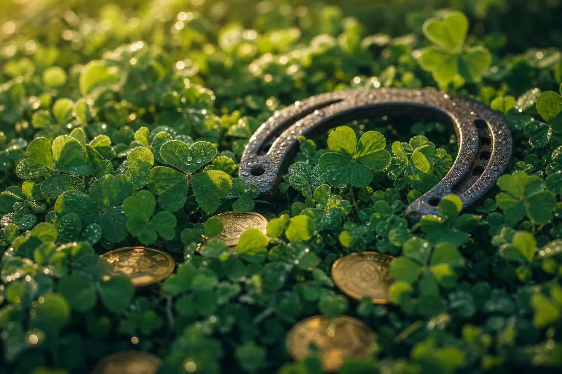 Dewy four-leaf clover with an old horseshoe and scattered gold coins