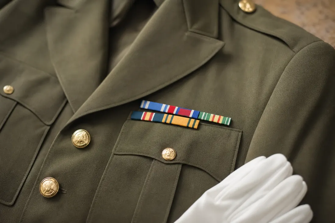 An olive military dress jacket with brass buttons and plain medal ribbons
