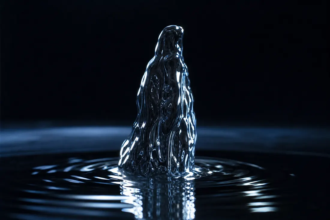 Liquid chrome rising from a mirror-flat pool into a smooth rippling column