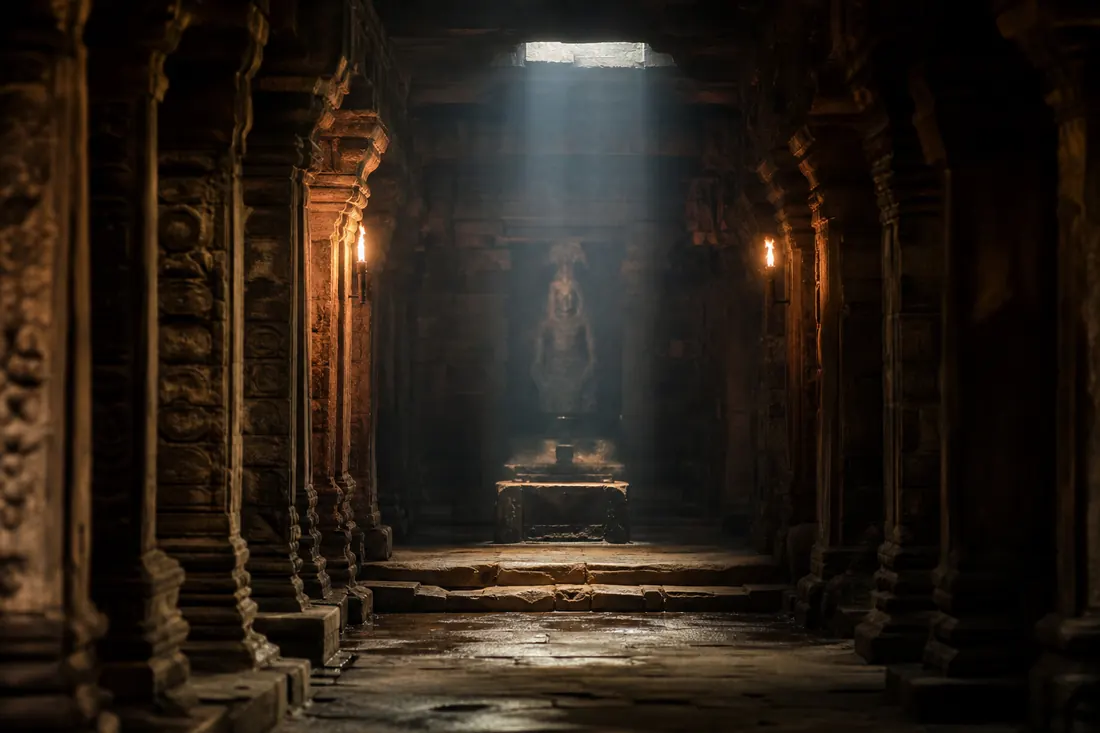 A torch-lit stone temple interior with carved pillars and shafts of dusty light