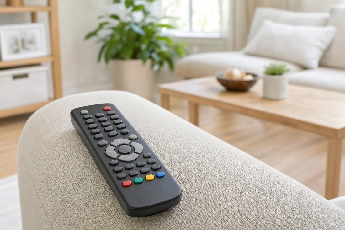 Une télécommande posée sur l'accoudoir d'un canapé clair